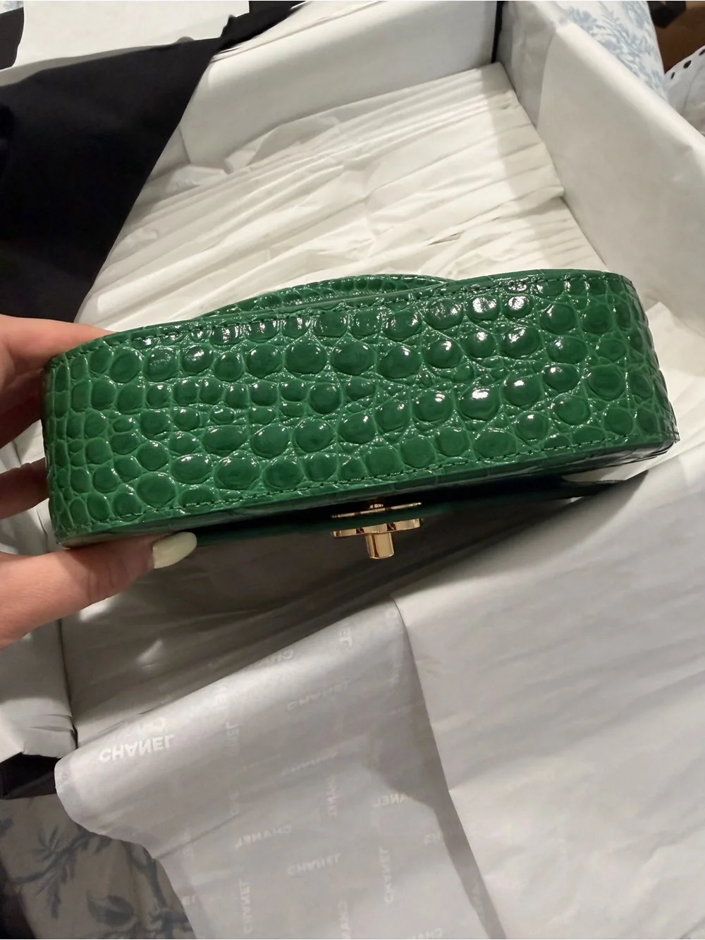 CHANEL Green Croc-Embossed top handle bag Bag with Gold hardware